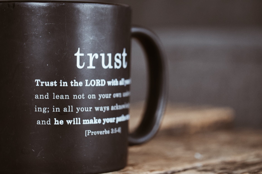 Black coffee mug with Proverbs 3:5-6 on it: Fear the one you trust