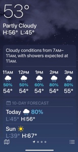 Screenshot of an hourly weather report showing rain expected
